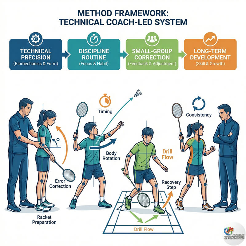 Coach Eric Chuar teaching technical badminton near Maluri MRT