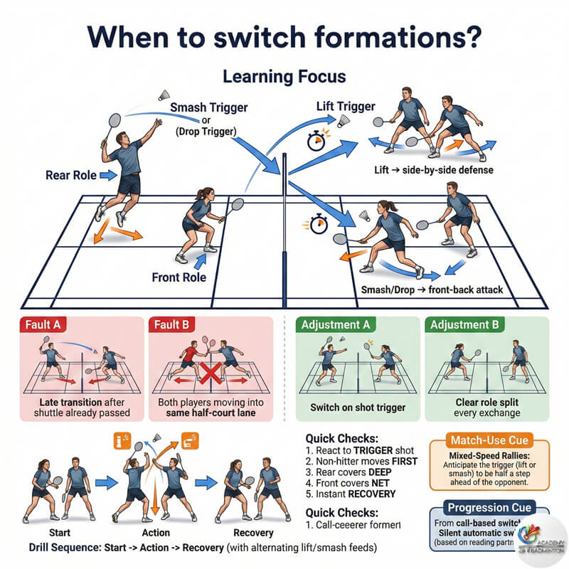 Coach correcting backhand drive technique for doubles defense