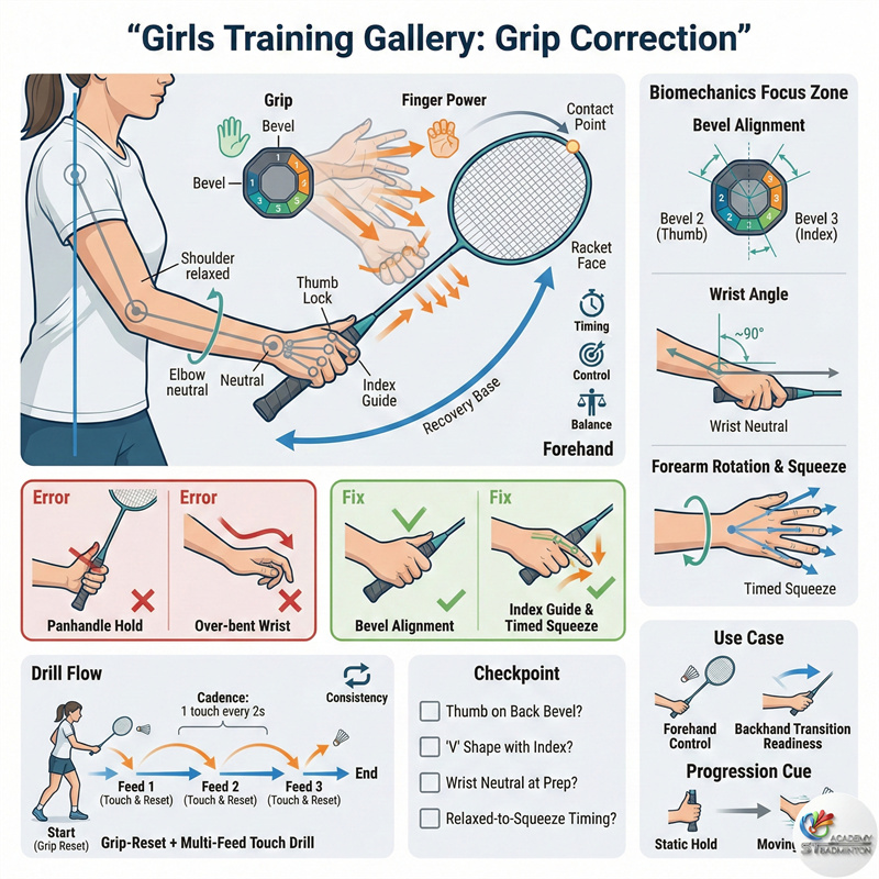 Pelatih mengoreksi pegangan raket siswa perempuan