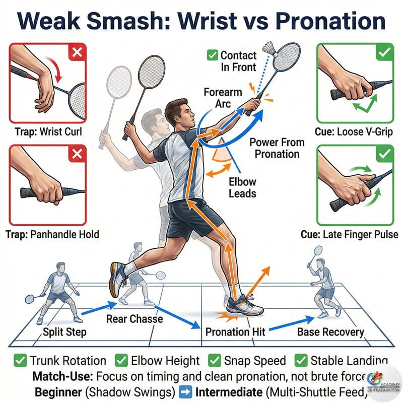 Coach demonstrating correct forearm pronation for badminton smash power