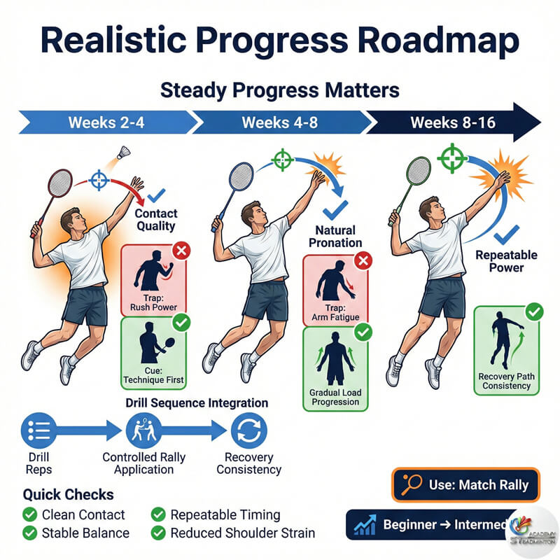 Coach demonstrating the loose V-grip before a smash