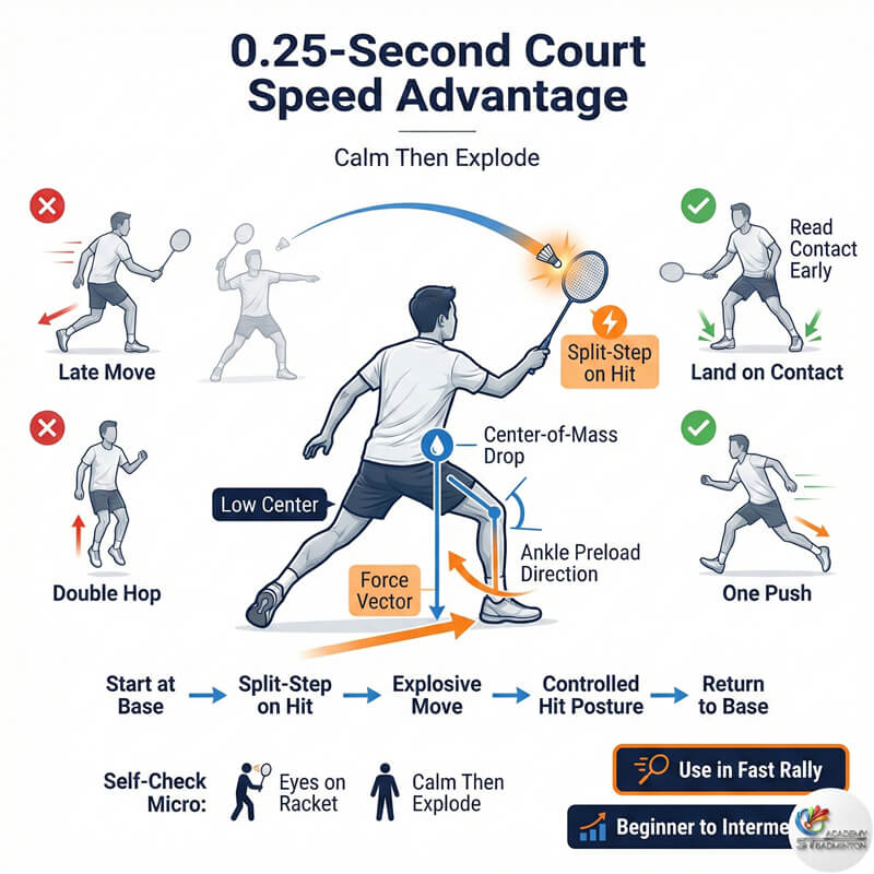 Coach demonstrating the ready stance for faster badminton reaction time in Kepong