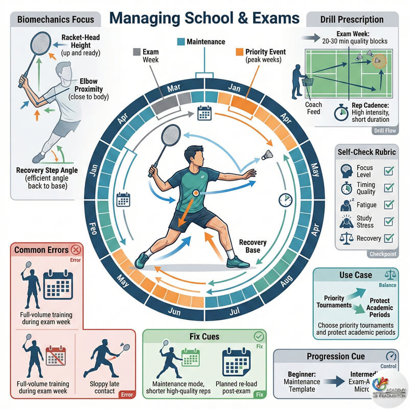 Coach discussing exam schedule and badminton training balance with parents in Setapak