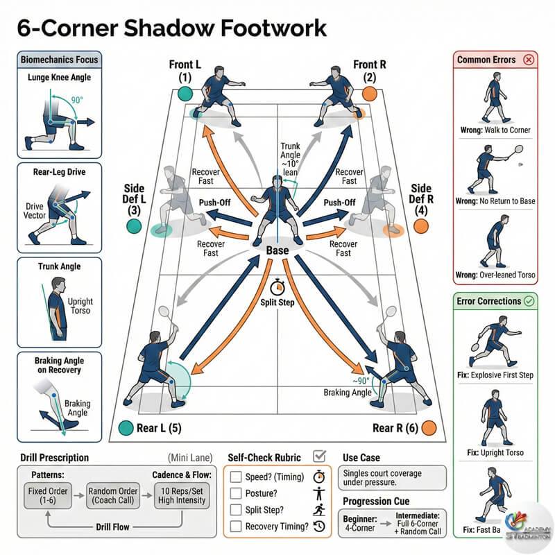 Coach explaining 6-corner shadow badminton footwork pattern to students in Cheras