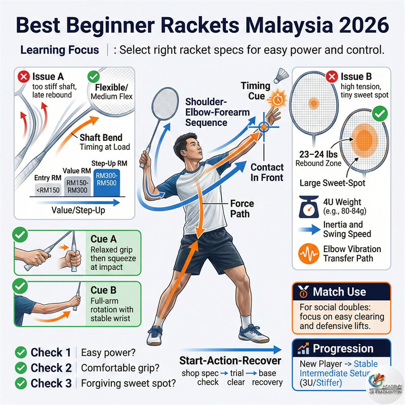 Coach explaining shaft flexibility on a beginner badminton racket in Kepong