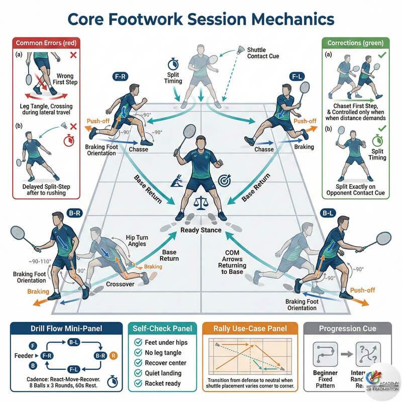 Huấn luyện viên giải thích kỹ thuật bước đôi (split-step) tại lớp cầu lông Kepong