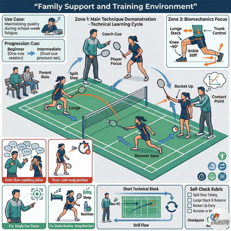 Coach giving feedback to junior player during small group session at ST Badminton Academy