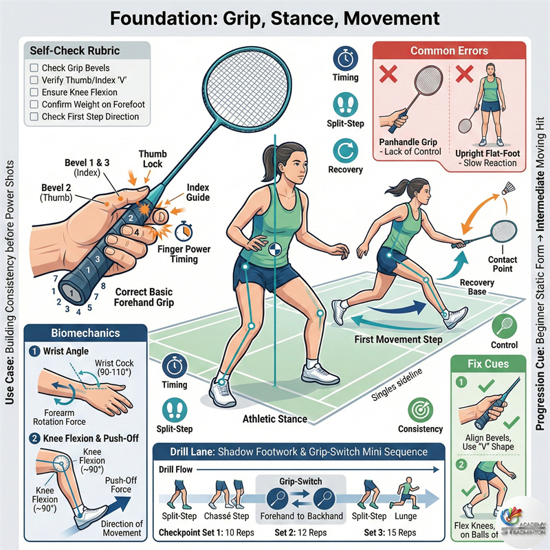 Pelatih membimbing pegangan raket yang benar untuk pemula wanita