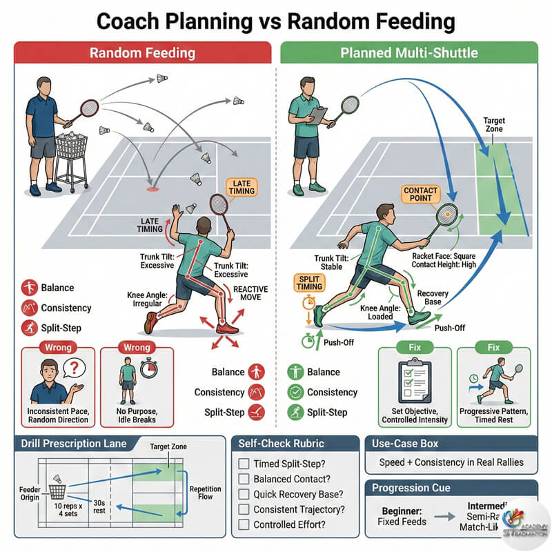 Coach guiding young player during low intensity multi-shuttle drill in Kuala Lumpur