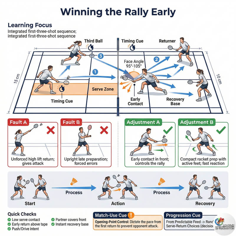 Coach showing the serve return ready position for doubles first 3 shots