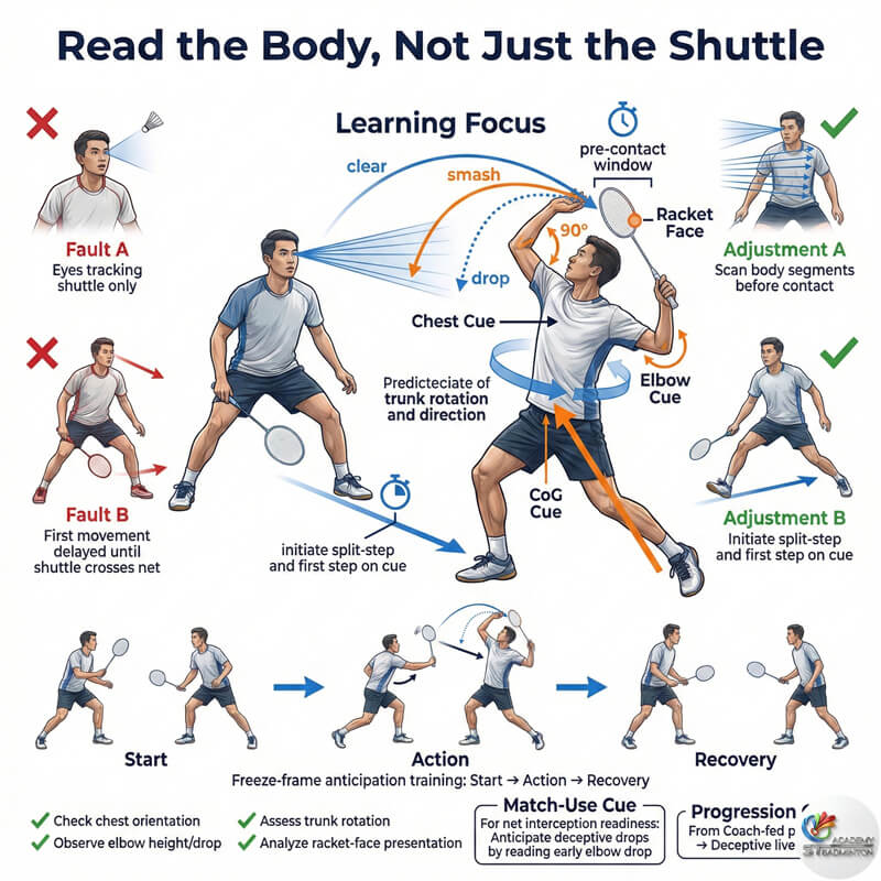 Coach teaching anticipation cues by reading body language not just shuttle