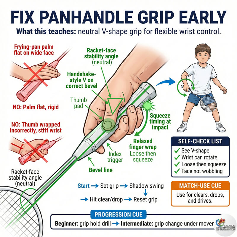 Coach teaching correct racket grip to a beginner child in Kuala Lumpur