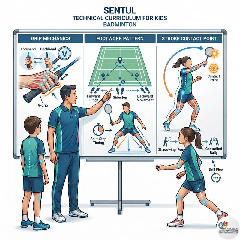 Pelatih mengajar kelas bulutangkis anak Sentul di W Badminton Centre