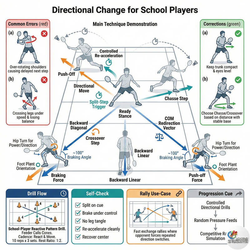 Huấn luyện di chuyển cầu lông thi đấu cho học sinh tập trung vào khả năng đổi hướng