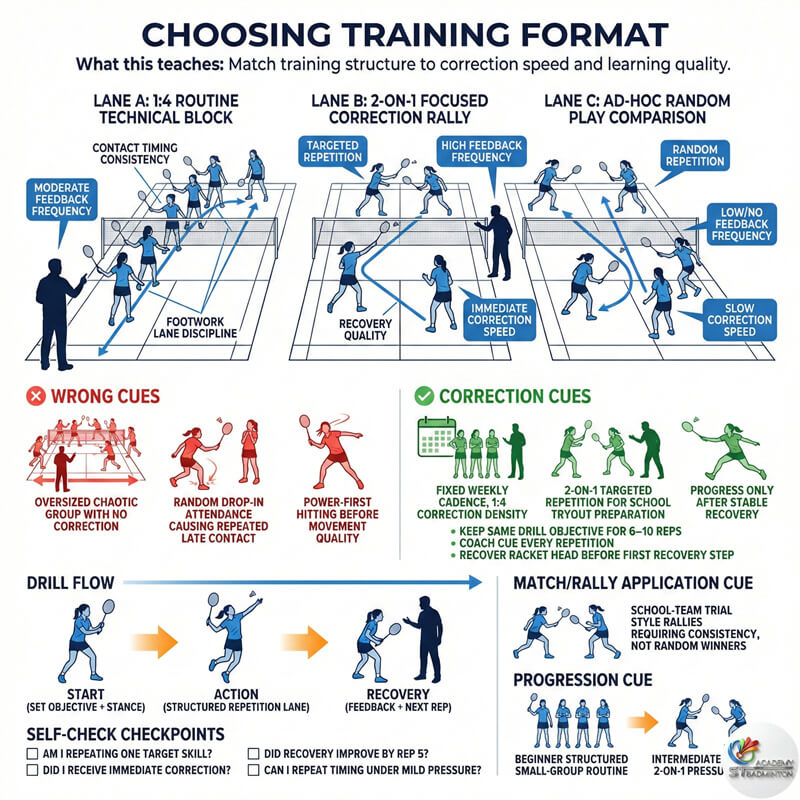 Girl group badminton training in Klang showing correct stroke preparation and grip