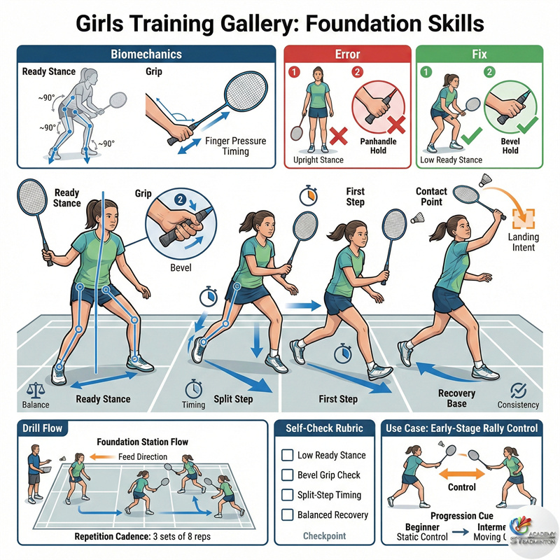 Anak perempuan belajar fondasi badminton di Setapak KL