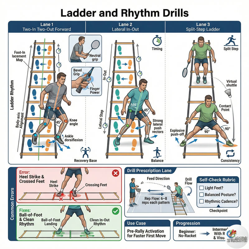 Group of juniors doing split-step ladder drills at a badminton academy in Kuala Lumpur