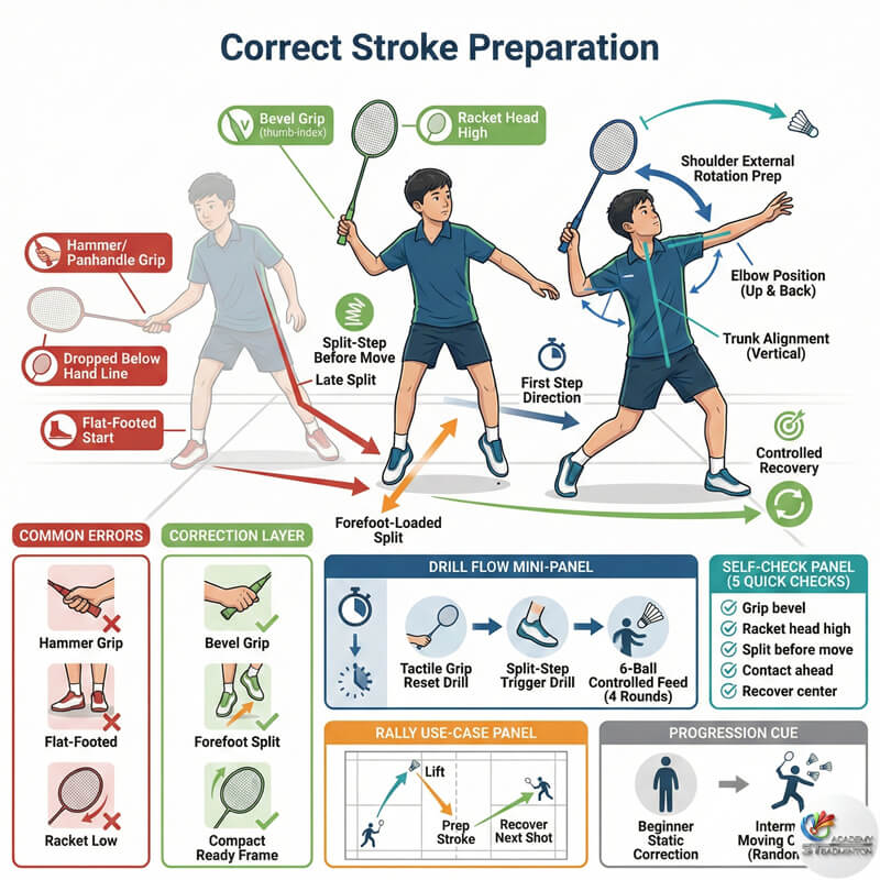 Junior badminton training in Klang showing correct stroke preparation
