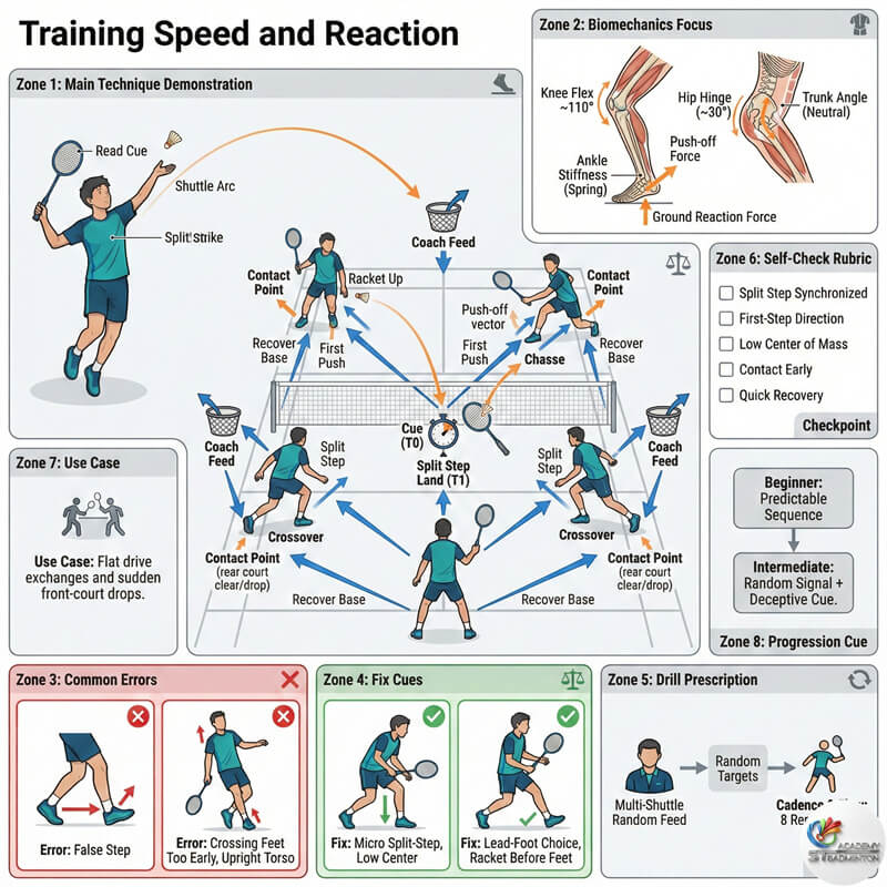 Junior player demonstrating explosive first step in badminton drills near Wangsa Maju