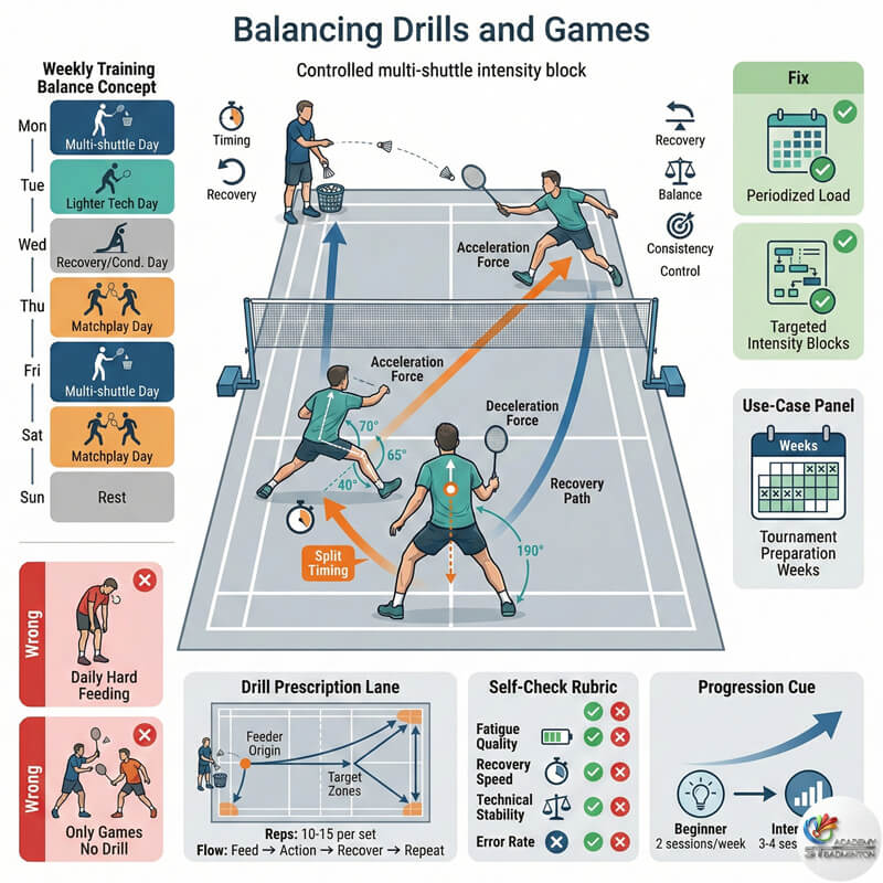 Junior player from Setapak demonstrating defensive multi-shuttle drill technique