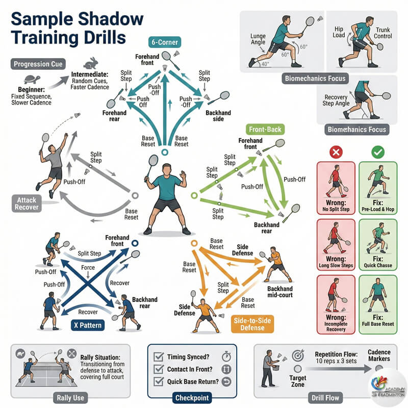 Junior player practicing front and back shadow badminton movement in Setapak