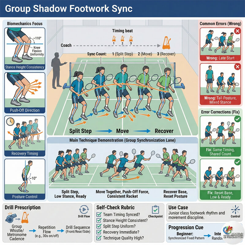 Junior players performing synchronized shadow badminton drills in Setapak hall