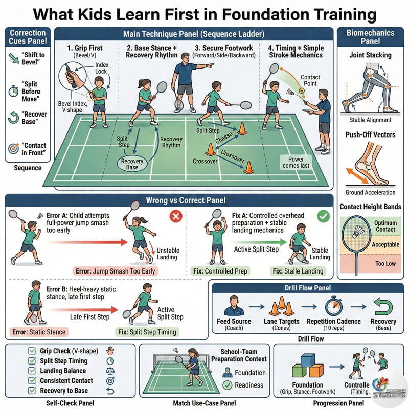 甲洞兒童羽毛球訓練教練糾正步法，每場最多4名學生