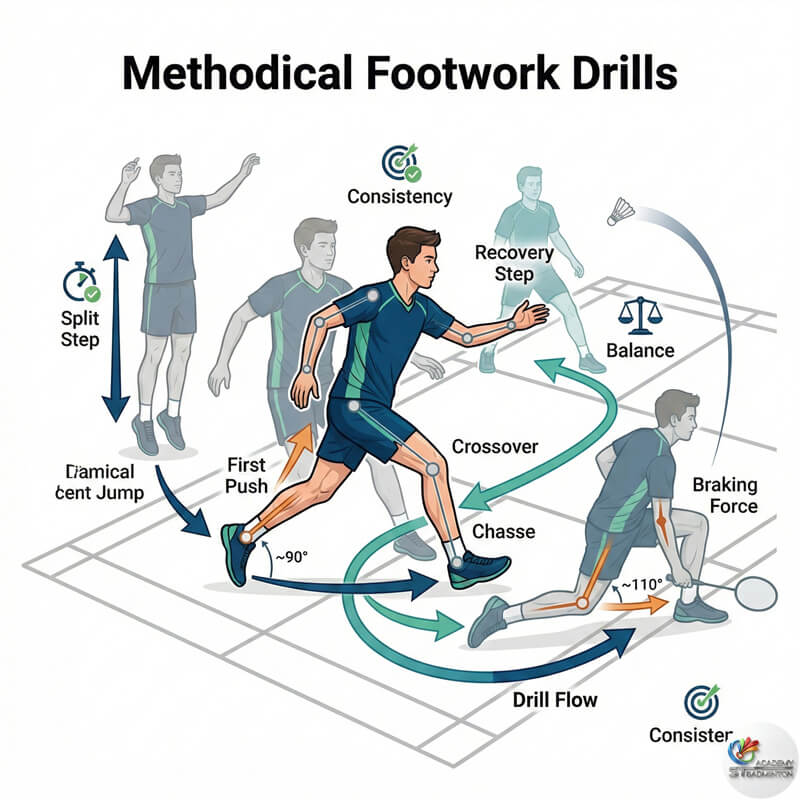 Methodical footwork drills at badminton academy training