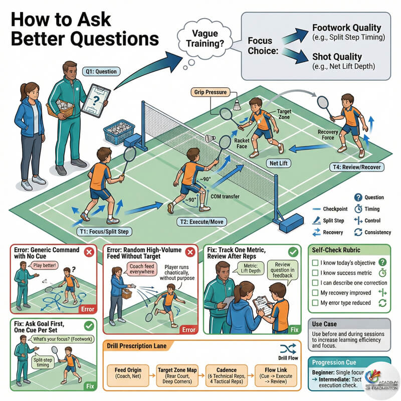 Parent asking coach questions about badminton training plan in Setapak academy