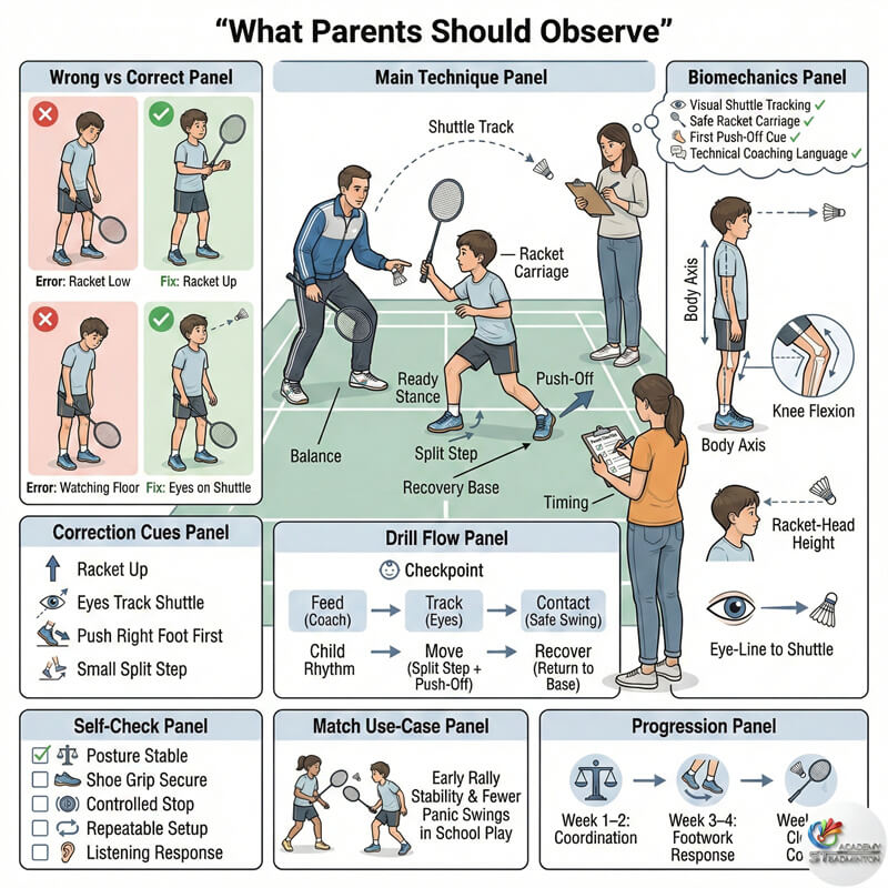 家长观察甲洞羽毛球教练纠正青少年学员的架拍准备动作