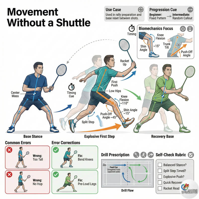 Player demonstrating proper split step during shadow badminton training in Setapak Kuala Lumpur