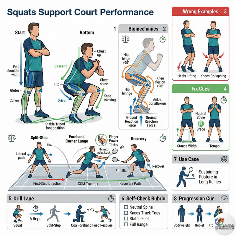 Player doing gym squats to support badminton court performance in Setapak