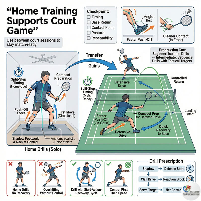 Player doing solo home badminton drills to support court performance in Setapak