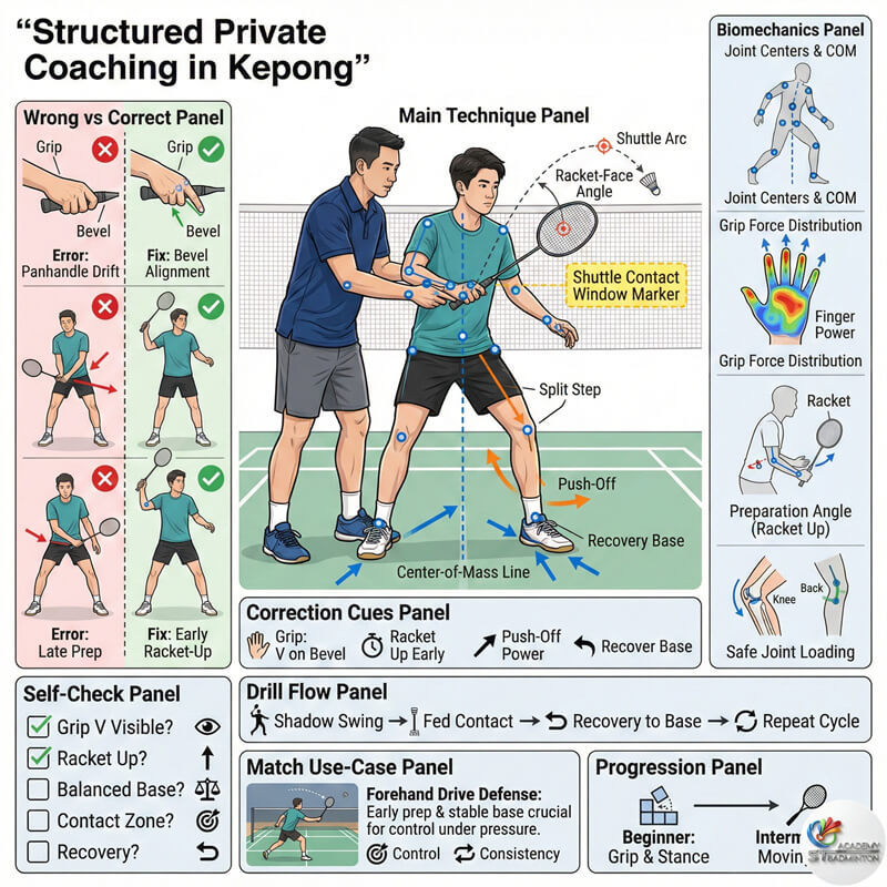 甲洞私人羽毛球教练在一对一课程中纠正学生的握拍姿势