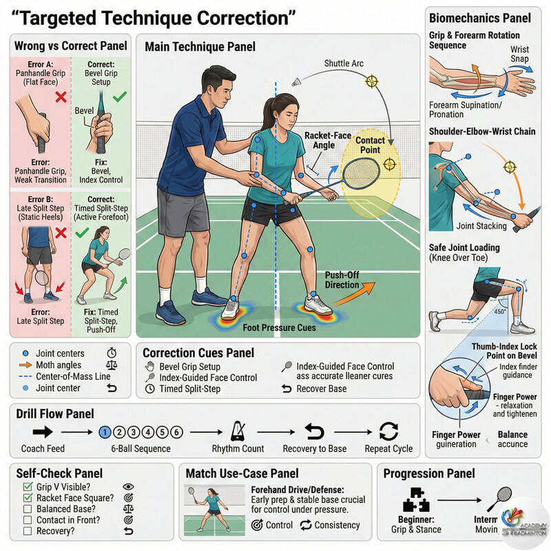 巴生谷私人羽毛球教練在一對一課程中糾正成人學員的握拍姿勢