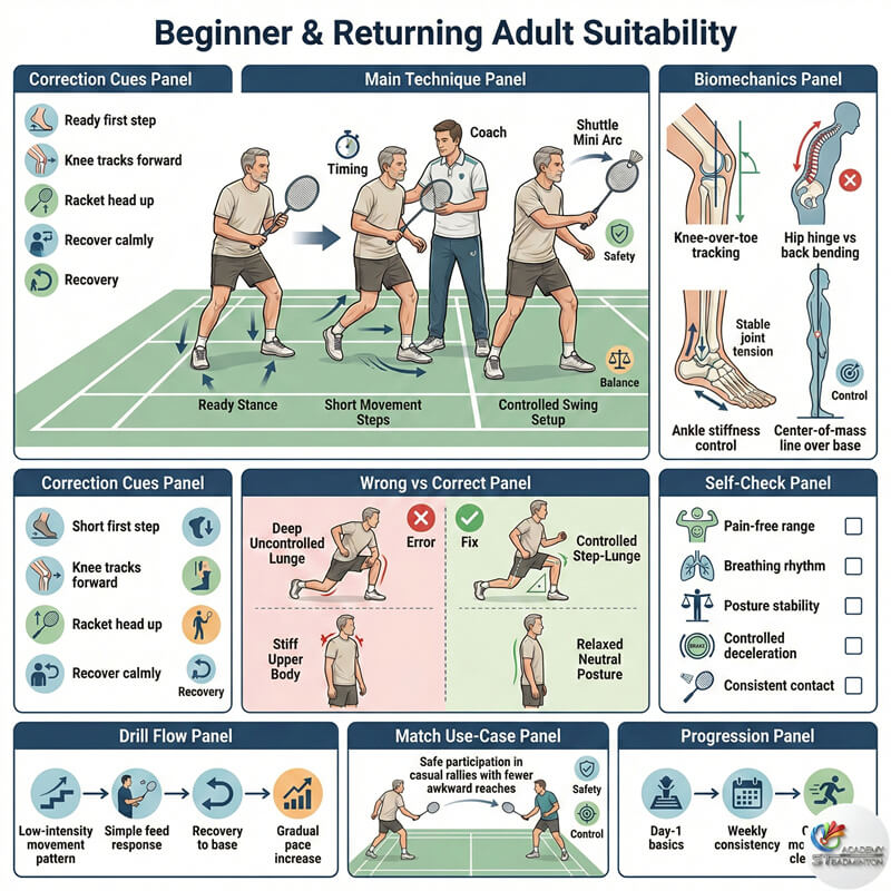 甲洞成人羽毛球教练指导正确的姿势和移动，预防受伤