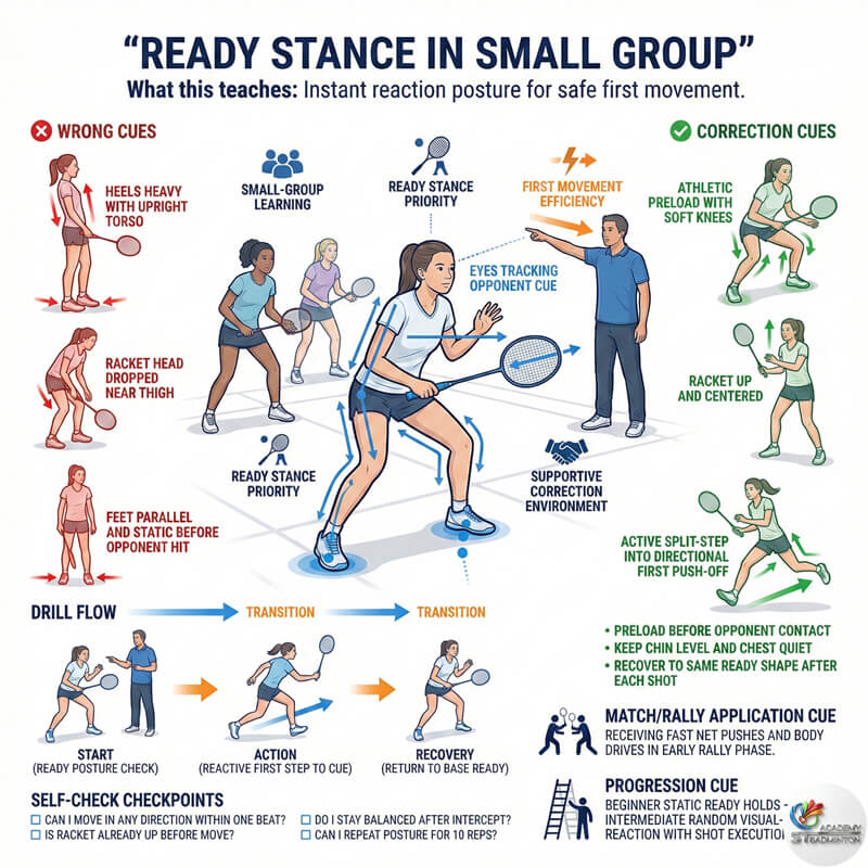 Small group badminton class for girls in Klang focusing on ready stance