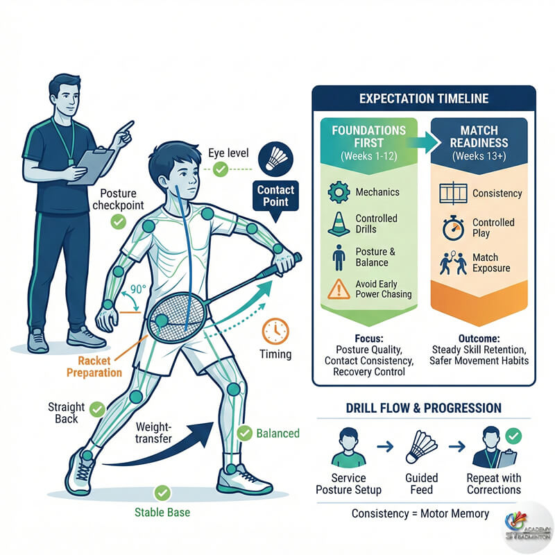 Học viên học nền tảng cầu lông đúng chuẩn tại Taman Ibu Kota