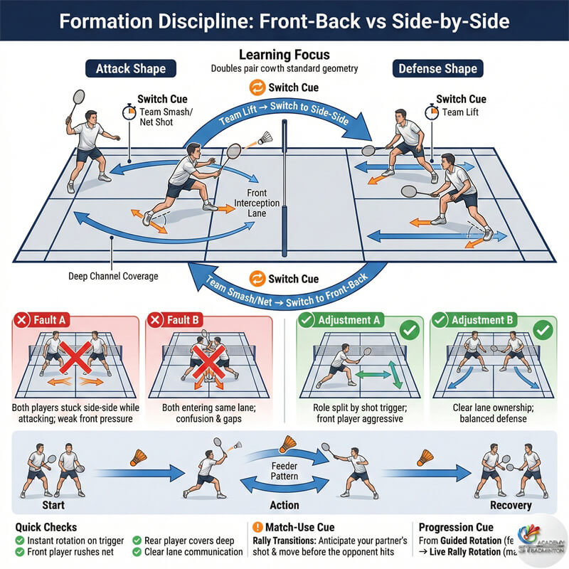 Student practicing front back attacking formation drills in badminton doubles