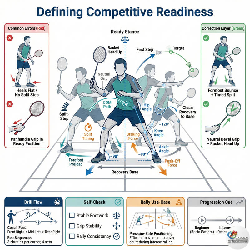 甲洞羽毛球比赛备战训练中的学生专注于准备姿势