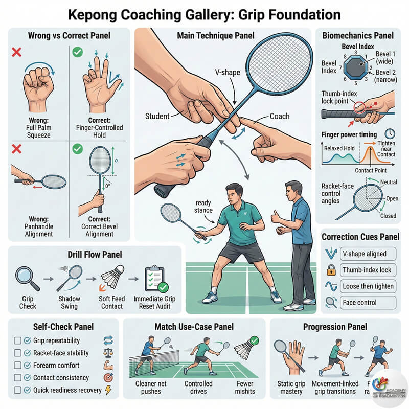 学生向甲洞教练学习正确的羽毛球握拍基础