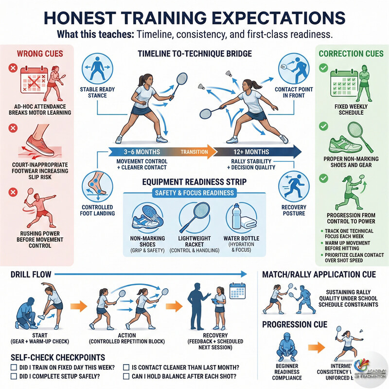 Teen girl student learning correct badminton foundation in Klang