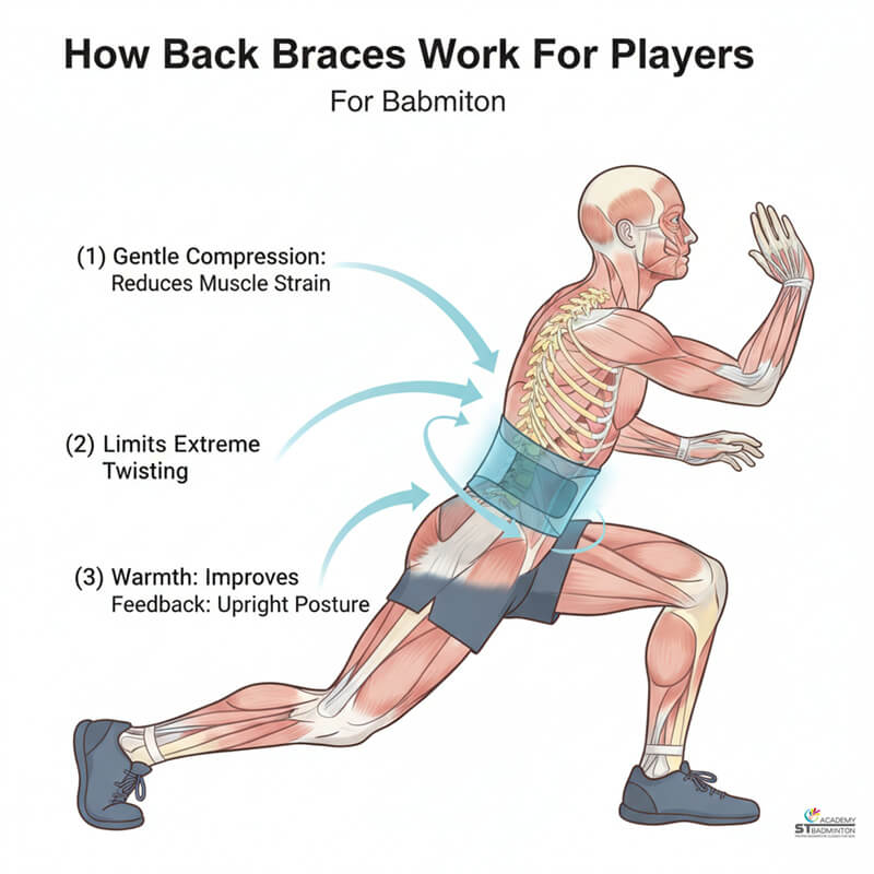 A badminton coach in Kuala Lumpur explaining how a lumbar support belt for badminton works to provide stability