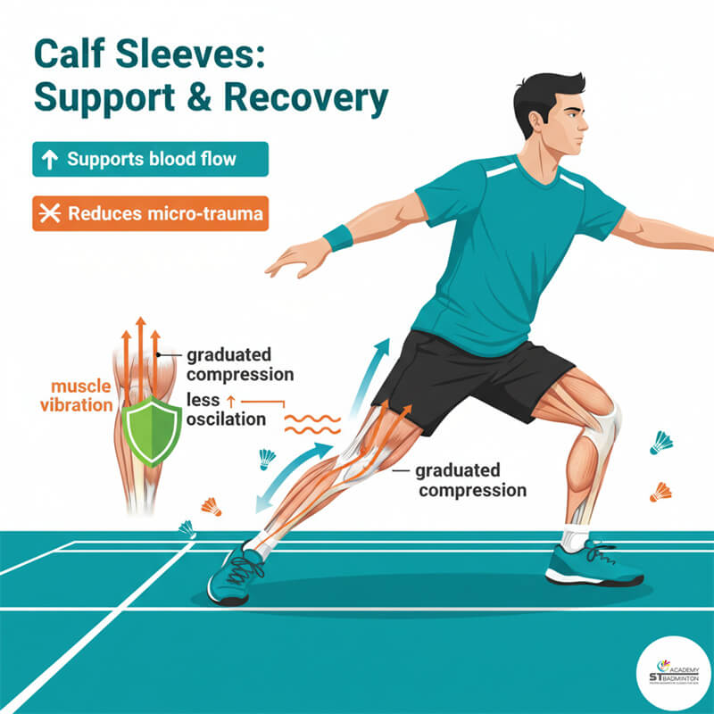 A young badminton player in Kuala Lumpur wearing calf compression sleeves for lower-leg support and muscle recovery during training