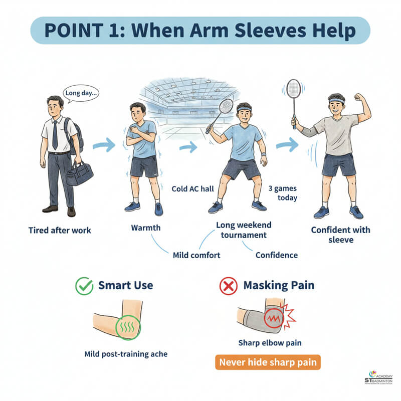 Badminton player wearing a neutral compression arm sleeve during training in Kuala Lumpur showing proper equipment use