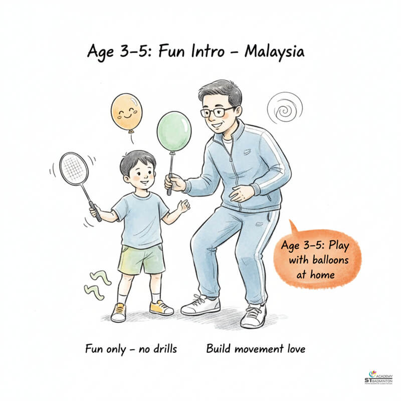 A badminton coach giving focused feedback in a small group kids badminton class in Kuala Lumpur