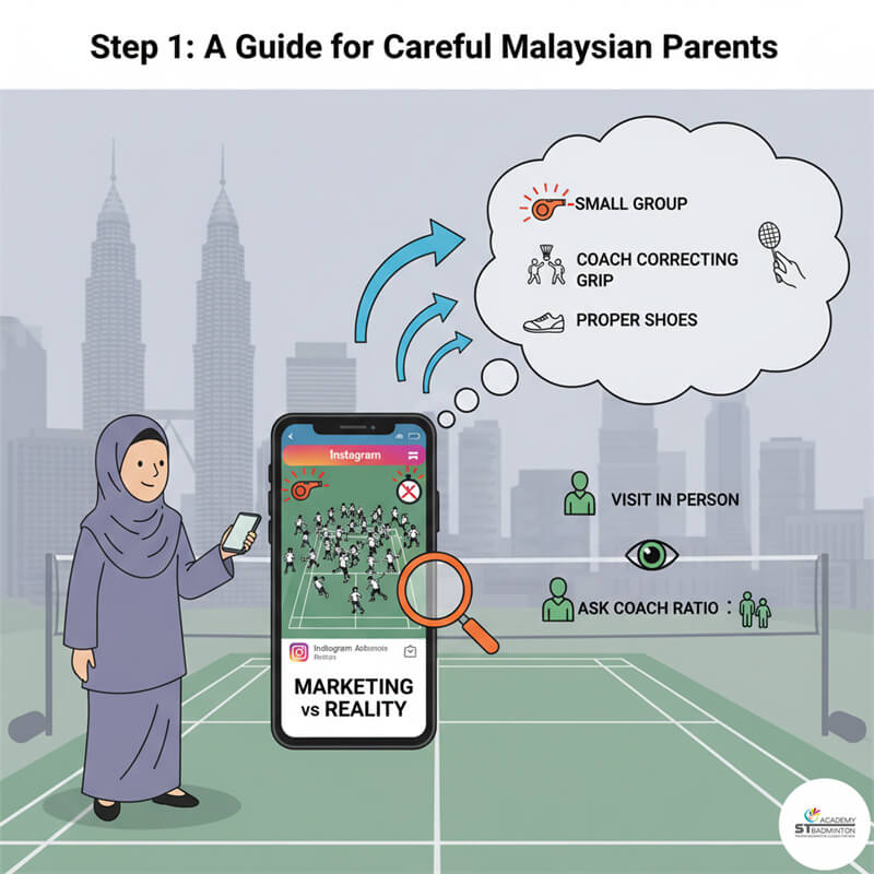 Parents observing a kids' badminton class at a marketing-strong badminton academy in Malaysia.