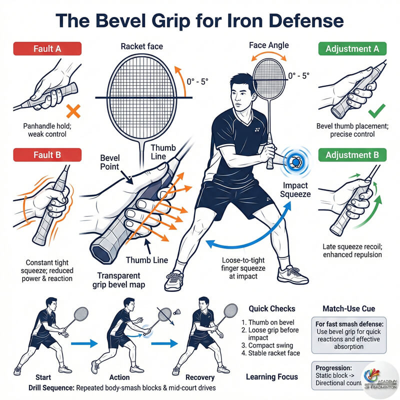 Coach explaining bevel grip thumb placement for backhand defense