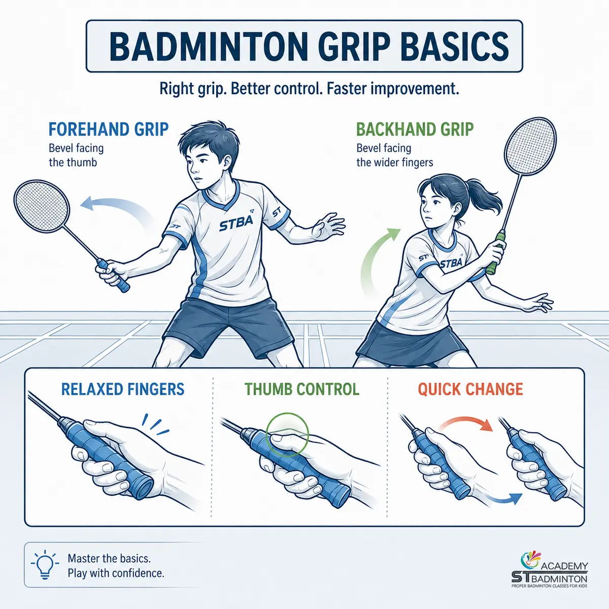 Badminton grip basics guide for Lavana 3 Kepong coaching: relaxed fingers, thumb control and quick grip change