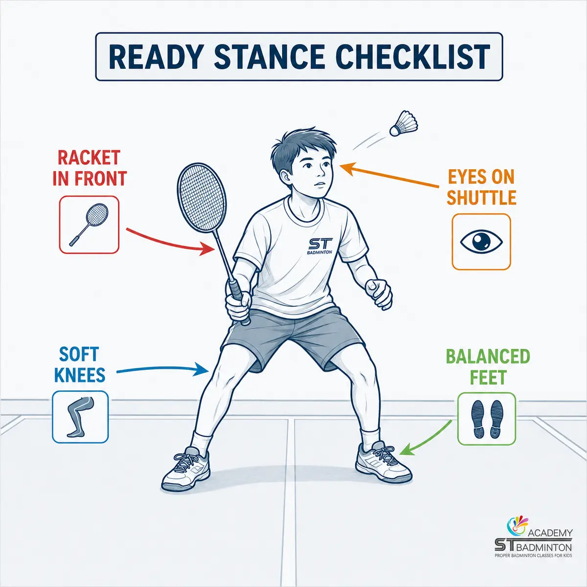 Badminton ready stance checklist for Lavana 3 Kepong learners: racket in front, soft knees, balanced feet and eyes on shuttle